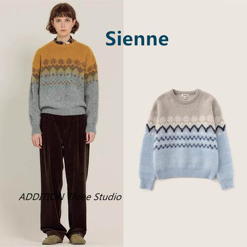 韩国正品 Sienne 24秋冬新款复古拼色雪花圆领宽松套头针织毛衣女