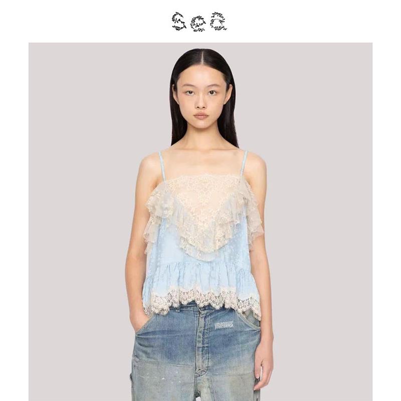 Sea New York 娜扎同款浪漫蕾丝拼接荷叶边吊带背心