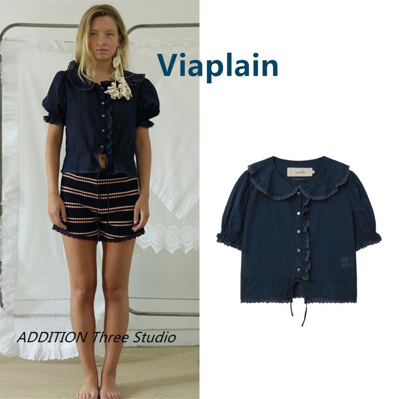 正品 Viaplain 26夏季新款甜美蕾丝娃娃领宽松纽扣短袖衬衫上衣女