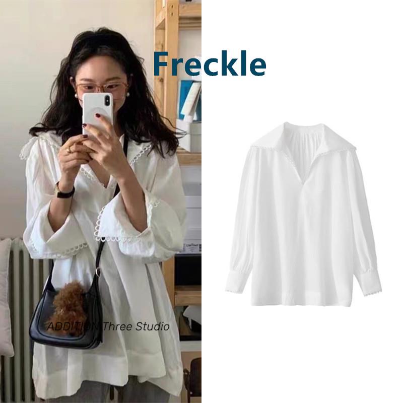 现货Freckle 23新款白色宽松海军领花边衬衫短裙长袖迷你连衣裙女