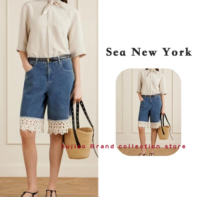 煳椒正品 Sea New York 复古风蕾丝拼接镂空花边高腰牛仔裤五分裤
