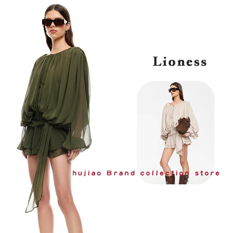 煳椒正品 Lioness susie同款褶皱垫肩灯笼袖雪纺抽绳连衣裙衬衣
