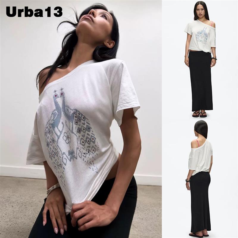 Urba13买手店现货正品Tank Air孔雀印花烫钻白色T恤斜肩短袖上衣