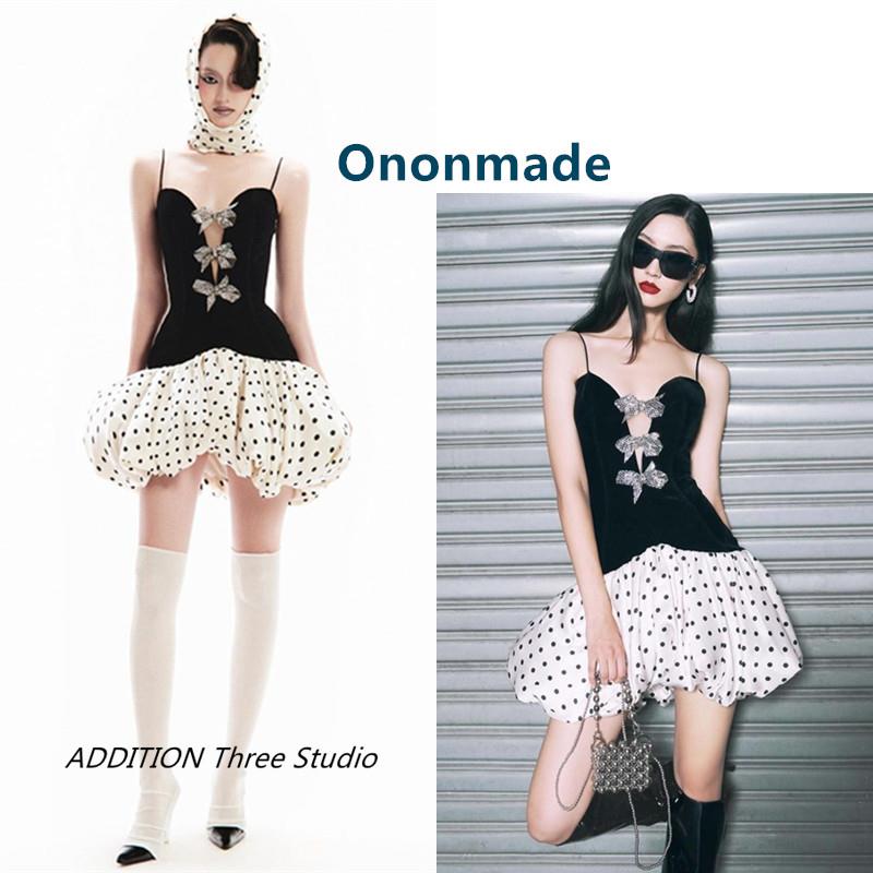 越南小众 Ononmade 复古赫本风性感蝴蝶结波点拼接花苞吊带连衣裙