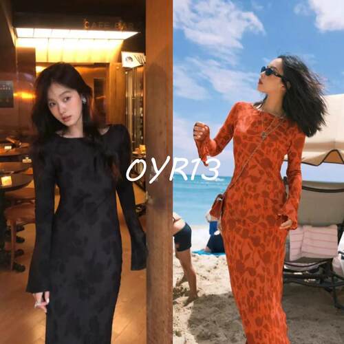 买手店Realisation洋装法式气质斜裁真丝印花喇叭袖修身长裙女
