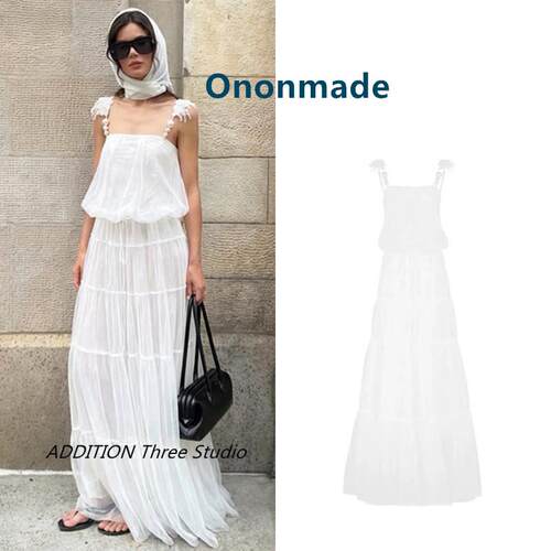 越南 Ononmade 26春夏新款甜美仙气白色吊带珍珠肩带拖尾连衣裙女