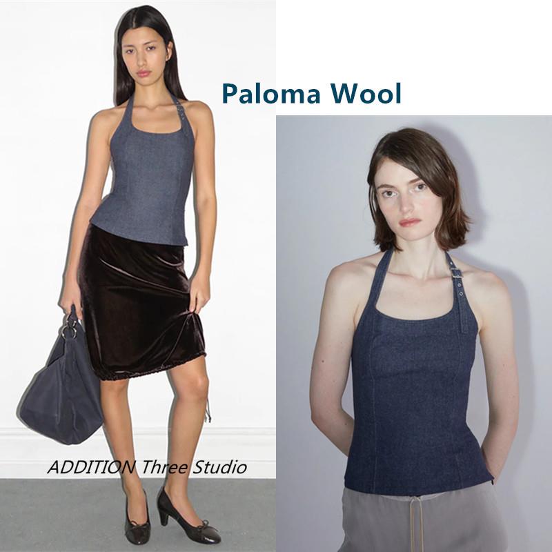 折扣 Paloma Wool 25春夏新款牛仔抹胸露背系扣无袖背心吊带上衣