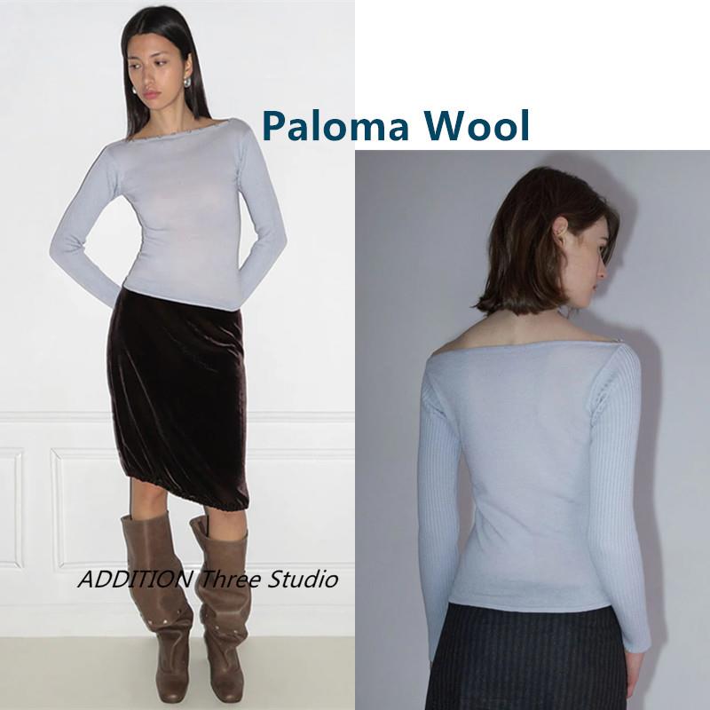正品 Paloma Wool 早春款纯色一字肩罗纹修身长袖针织衫上衣