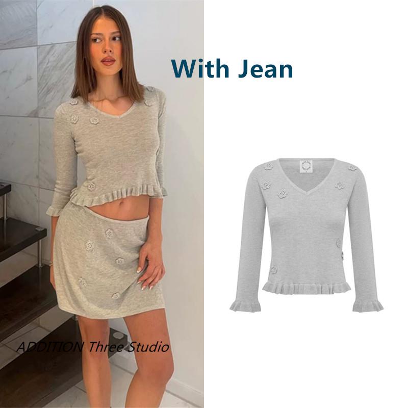 正品 With Jean 26春季新款灰色V领立体花朵装饰短款荷叶边针织衫