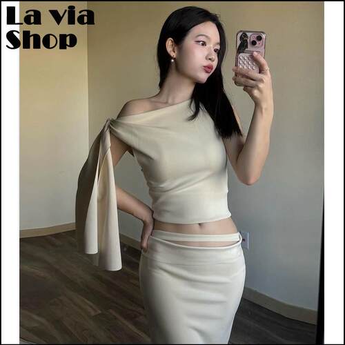 买手店正品美国KHY套装Kylie飘带扭结单肩上衣半身裙女