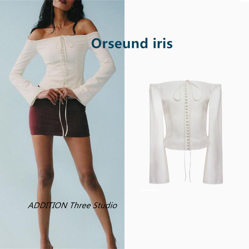 正品 Orseund iris 易梦玲同款辣妹装白色一字领绑带长袖纽扣衬衫
