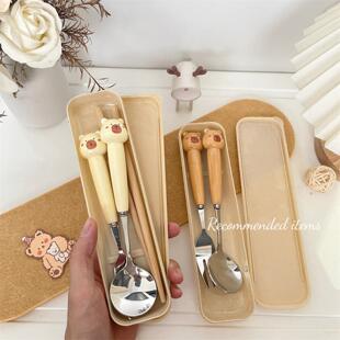 卡皮巴拉勺子陶瓷柄可爱卡筷子套装餐具学生一人用卡通勺子叉子