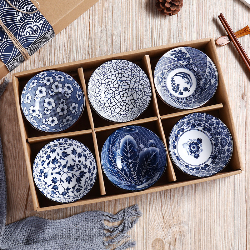 Japanese style 10 sets breakfast household combination blue and white porcelain bowl