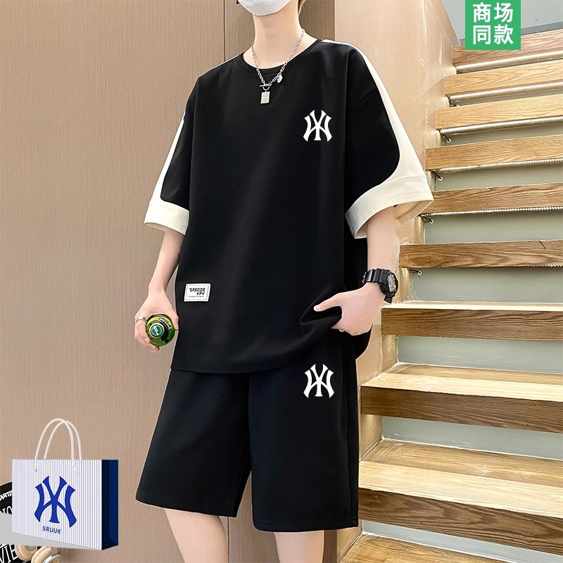 奥特莱斯夏季潮牌薄款冰丝短袖短裤套装男运动t恤两件套宽松休闲