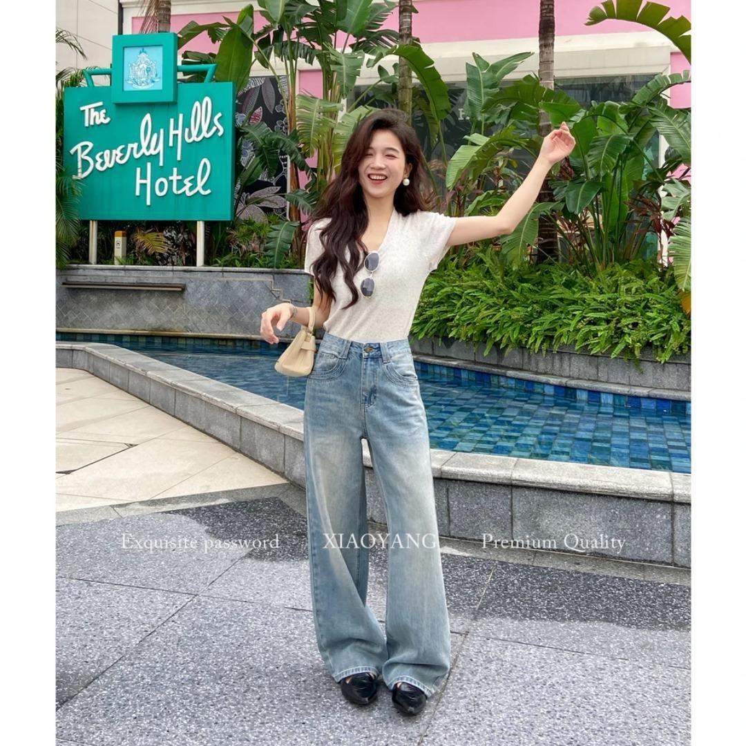 夏季小个子弯刀阔腿牛仔裤女款刺绣口袋中高腰显瘦设计感2026新款