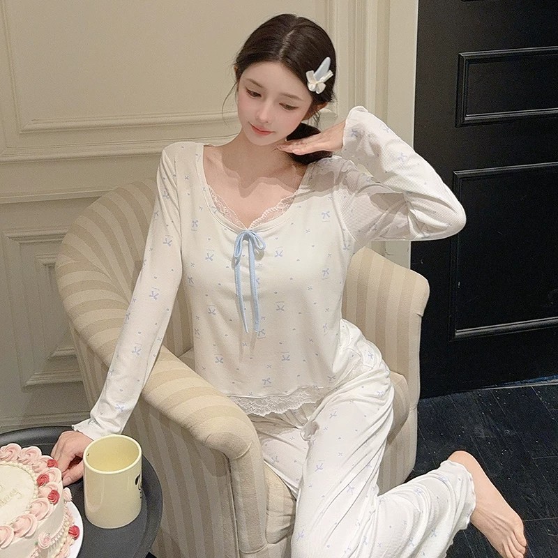 睡衣女春秋款莫代尔棉长袖套装带胸垫白色甜美蕾丝2025新款家居服