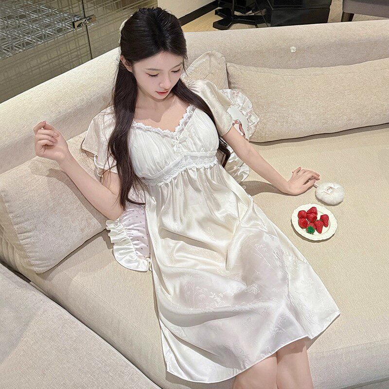 睡裙女款2025新款夏高级感冰丝甜美蕾丝短裙睡衣带胸垫外穿家居服
