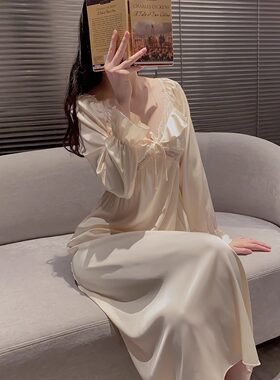 法式春夏季新款女士性感蕾丝长袖睡衣带胸垫蕾丝中长款睡裙家居服