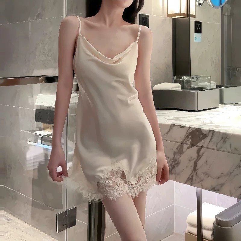 【天生优雅】2026秋季新款带胸垫蕾丝吊带睡裙冰丝纯欲性感睡衣女