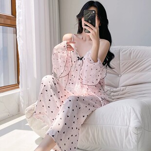 睡衣女性感纯欲冰丝2026新款夏季带胸垫吊带长袖长裤三件套家居服