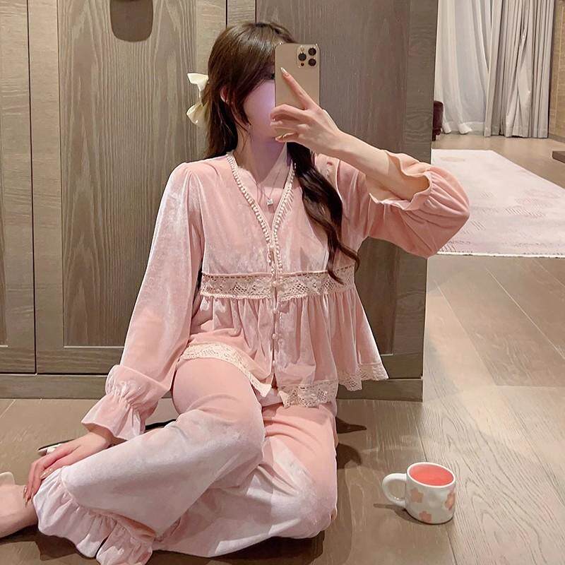 韩版公主风睡衣女秋冬季金丝绒甜美蕾丝高级感长袖家居服薄款套装