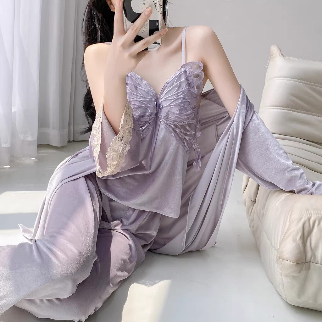 睡衣女春秋季金丝绒性感吊带睡袍长裤三件套带胸垫2025秋冬家居服