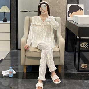 睡衣女款春秋季金丝绒长袖套装网红新款性感蕾丝白色秋冬款家居服