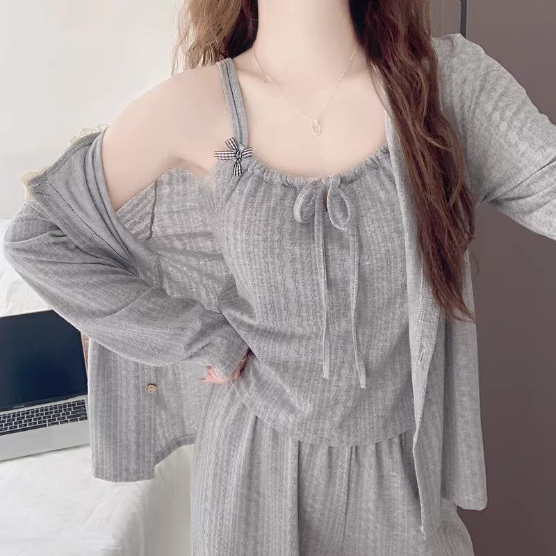 带胸垫睡衣女款春秋季2025新款性感吊带长袖高级感家居服三件套装