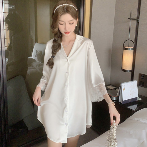 2025年新款男友风衬衫性感睡衣女夏季翻领蕾丝睡裙女欲纯风家居服