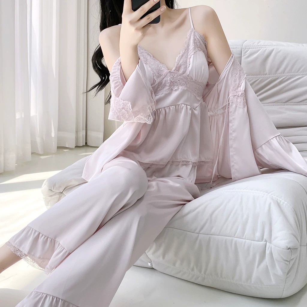 睡衣女款2025新款春夏季冰丝带胸垫吊带长袖三件套纯欲性感家居服