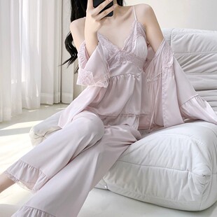 睡衣女款2025新款春夏季冰丝带胸垫吊带长袖三件套纯欲性感家居服