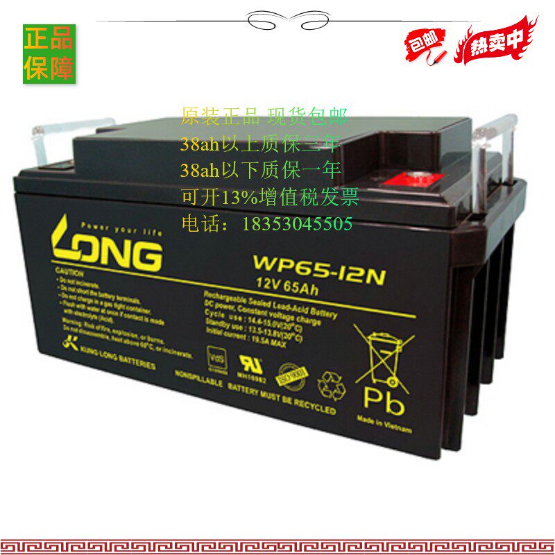 WP65-12N 进口免维护LED UPS 电源 电瓶 广隆 蓄电池12V65AH