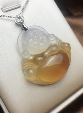 纯天然无烧蜜糖色玉髓大肚佛吊坠