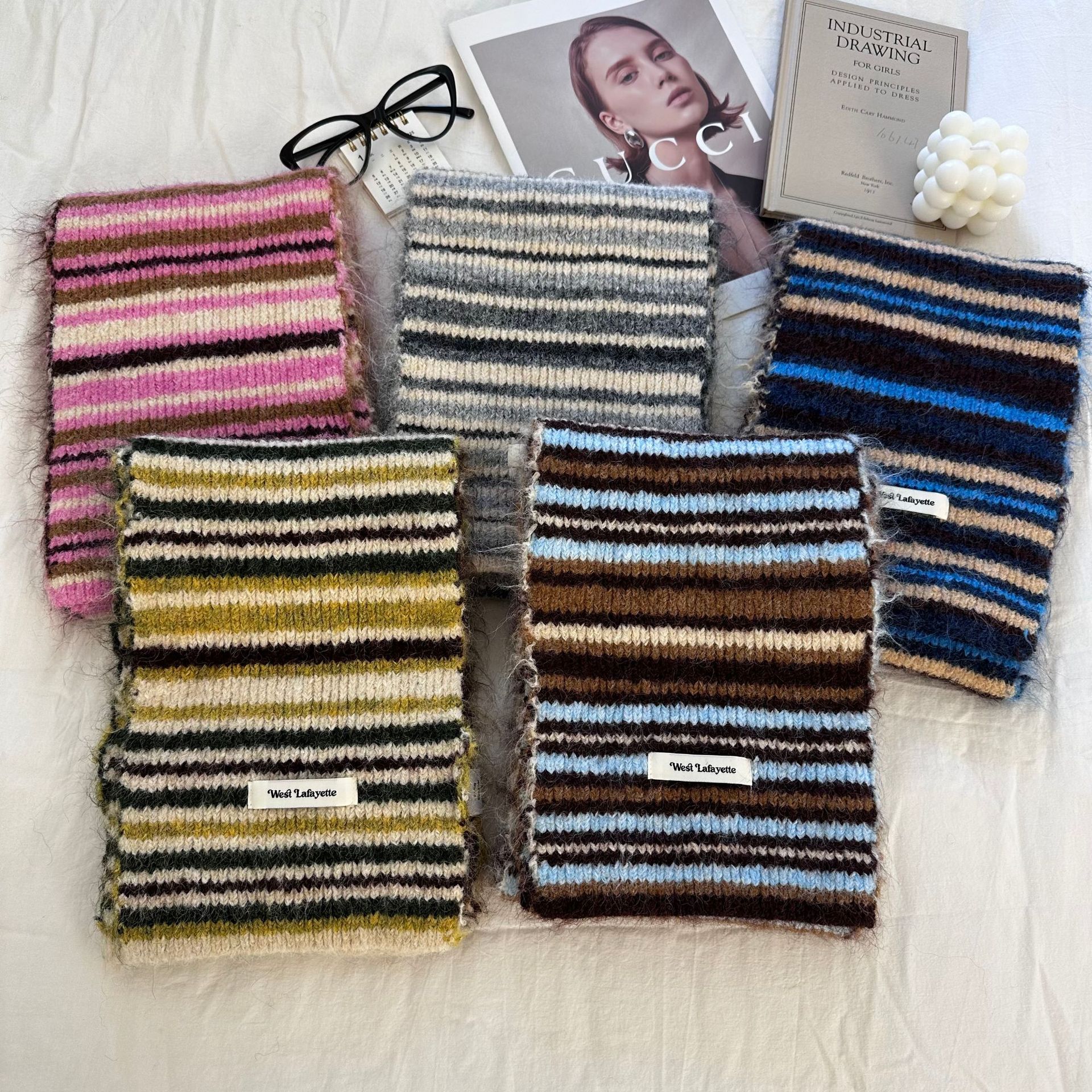 韩国2025秋冬季新款羊毛混纺针织条纹拼色围巾女保暖防寒百搭围脖