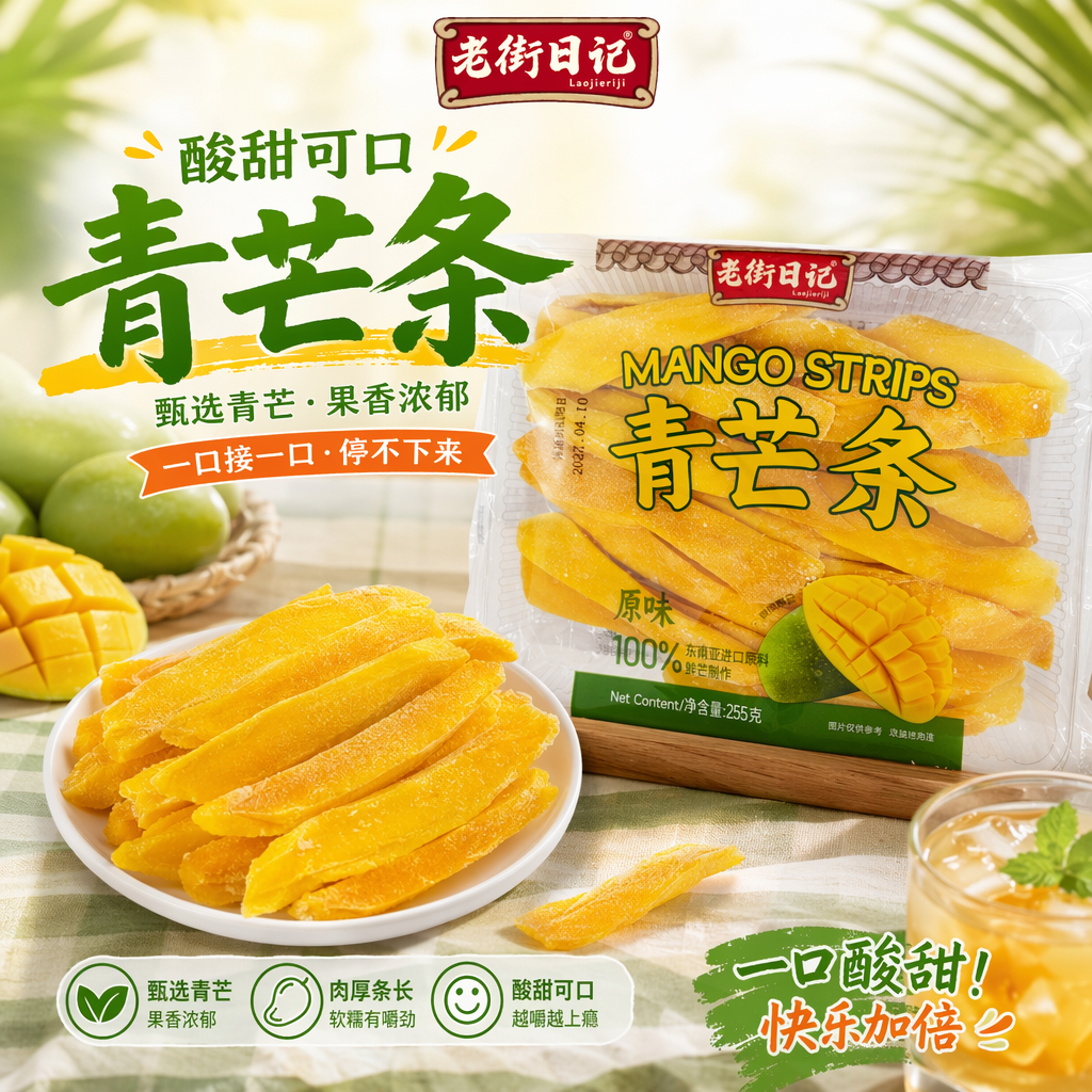 老街日记青芒条芒果干255g香辣芒果条原味厚切酸甜水果干果脯零食