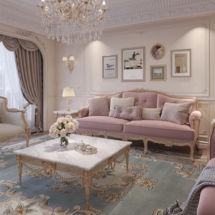 法式 轻奢宫廷公主风沙发实木雕花客厅新古典奢华别墅三人布艺组合