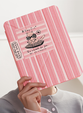 粉线条枕头猫适用苹果ipadpro24版保护套平板电脑壳air7/6/pro11带笔槽Y折防摔Y折10/11代air13/5/6亚克力硬