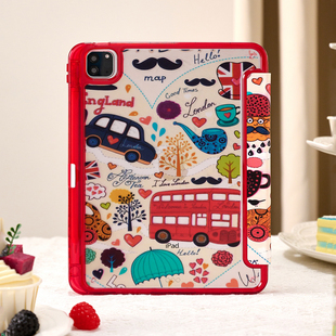 手绘美式巴士街道适用苹果ipad11平板电脑保护套air7/pro带笔槽Y+三折mini7/10代小众air13寸/4/5/6亚克力硬