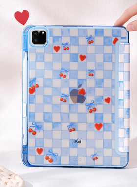 蓝格子适用苹果ipadair7保护套平板电脑壳air6/pro带笔槽Y+三折mini7/10代air13寸/4/5/6亚克力卡通可爱硬壳
