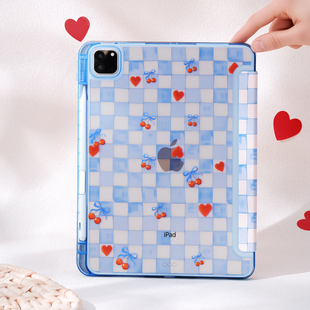 pro带笔槽Y 三折mini7 6亚克力卡通可爱硬壳 10代air13寸 蓝格子适用苹果ipadair7保护套平板电脑壳air6