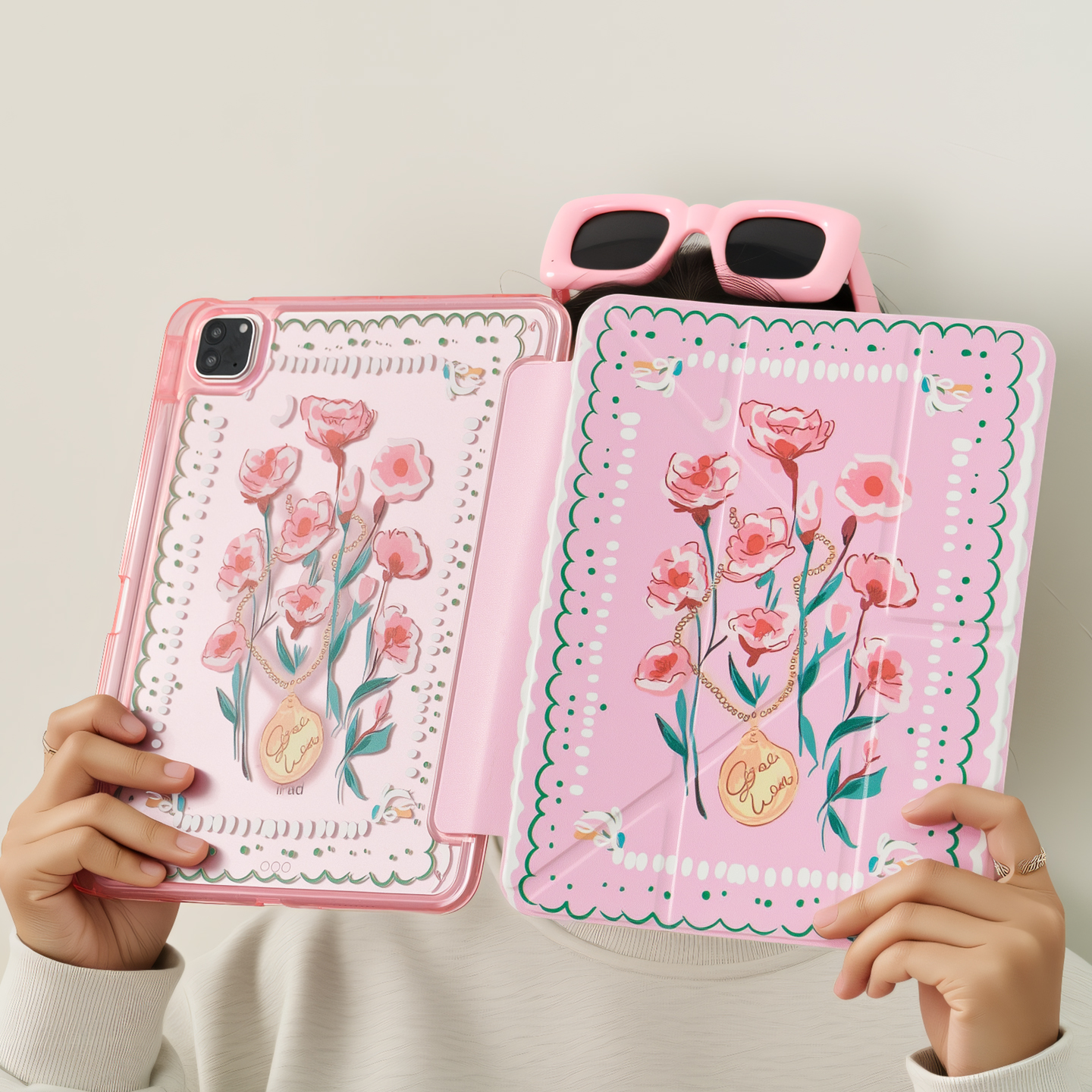 手绘玫瑰花适用ipadpro11Y+三折磁吸保护套平板壳air7/11代带笔槽10代10.9air13寸/4/5/6亚克力全包防摔硬壳