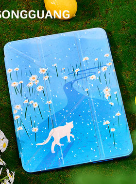 蓝色菊花白猫适用苹果ipad11平板电脑保护壳13寸套air7/mini7带笔槽Y折pro/10代小众air13/4/5/6/9硬壳亚克力