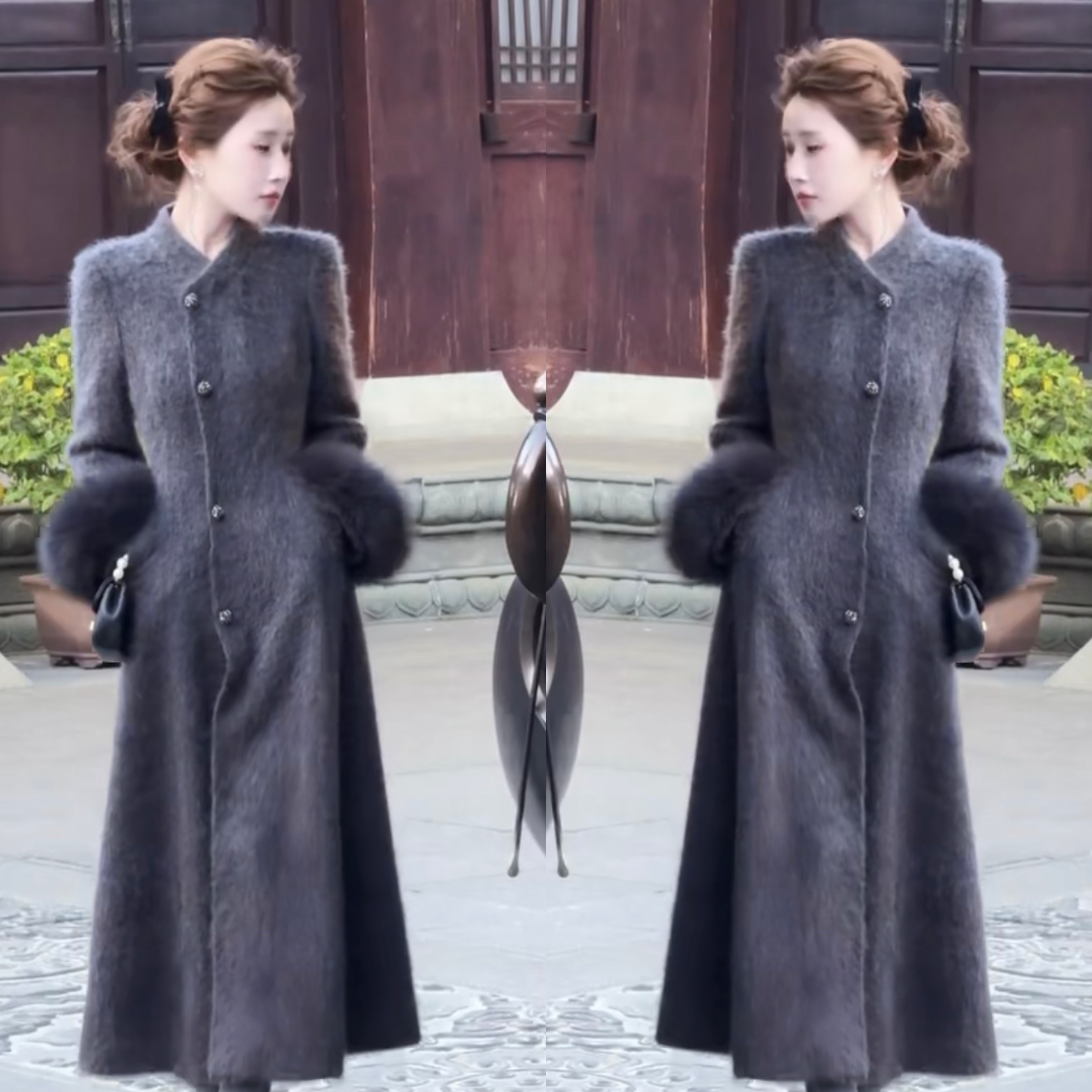 网红新款加厚拉绒保暖中长款大衣