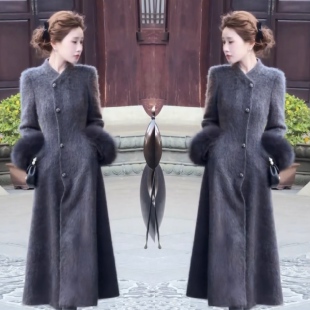 新中式优雅气质灰色中长款大衣女冬季新款设计感拉绒保暖毛呢外套