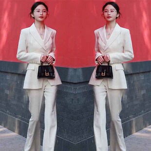 网红爆款时尚西服套装女2024秋冬款国风盘扣通勤西装+显瘦阔腿裤
