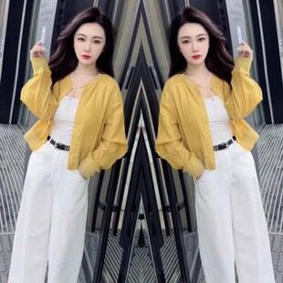 2025年夏季网红新款时尚短款外套女韩版减龄黄色显白显瘦薄款衬衫