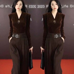 时尚 长裤 两件套女2023秋冬新款 上衣 成熟气质高级感套装 网红爆款