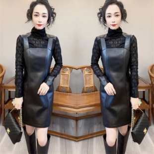 网红爆款时尚套装裙女2023早春新款轻熟风显瘦背带皮裙+打底衫潮