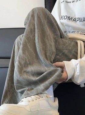 扎染灯芯绒裤子男女秋冬款加绒直筒宽松阔腿长裤重磅卫裤帅休闲裤