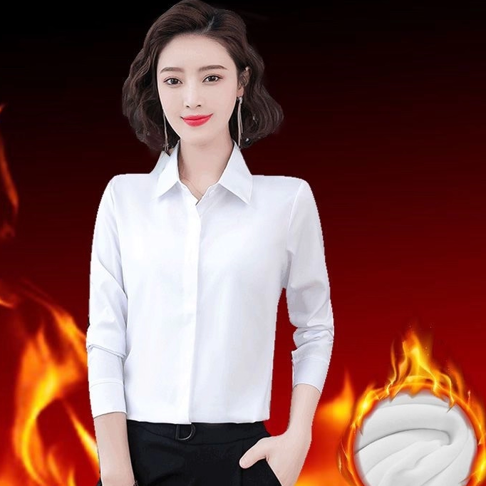 加绒衬衫女长袖秋冬装简约气质职业正装免烫白色工作服保暖打底衫